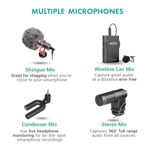 Movo V8 Huge Vlogging Kit for iPhone with Tripod, Grip, Microphones, LED Lights, and Wireless Remote Vlog - YouTube Starter Bundle for Apple or Samsung - Vlogging Equipment