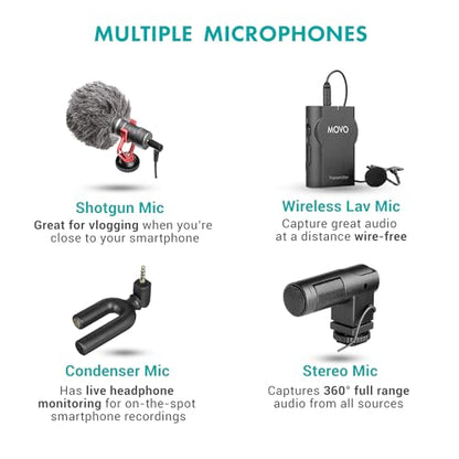 Movo V8 Huge Vlogging Kit for iPhone with Tripod, Grip, Microphones, LED Lights, and Wireless Remote Vlog - YouTube Starter Bundle for Apple or Samsung - Vlogging Equipment