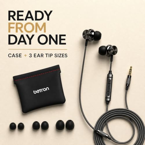 Betron BS10 Earphones Wired Earbud Headphones with Microphone, Black | with Volume Control, In-Ear, Plug in, 12mm Drivers, Deep Bass, Noise Isolating, Ergonomic Design, 3.5mm