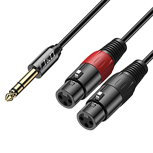 J&D XLR to 1/4inch (6.35mm) TRS Stereo Cable, 2 XLR Female to 6.35mm 1/4 inch TRS Male Unbalanced Interconnect Stereo Audio Cable for Speaker Mic Guitar Mixer AMP, 6 Feet