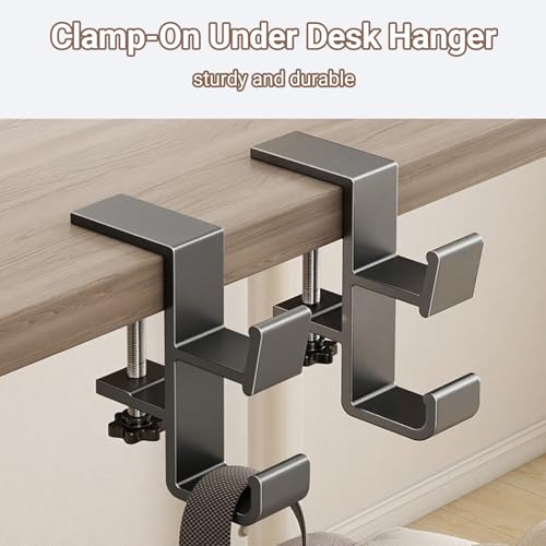 2-Pack Headphone Stand & Hook – Under Desk Headset Holder Clamp Mount for Gaming Headphones, Backpacks, Purses, Coats – Space-Saving Desk Accessories (Grey Dual Hook)