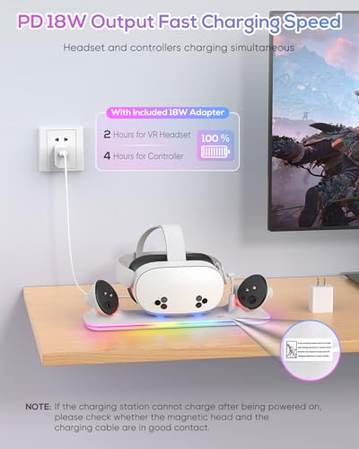 18W VR Charging Dock for Meta Quest 3S/Quest 3 Headset & Controller | Fast Magnetic VR Charging Station Stand for Oculus 3S/3 Accessories, RGB Light, 2 Rechargeable Batteries & Controller Covers - color: White