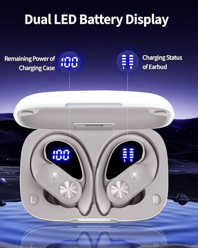 Bluetooth Wireless Earbuds, 80Hrs Playback, Wireless Charging Case with LED Display, Sports Headphones with Earhooks, Deep Bass, IPX7 Waterproof, Compatible with Phone, TV, Laptop