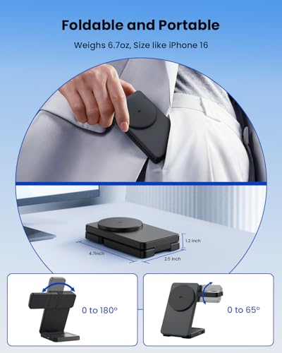 애플용 마그네틱 무선 충전 스테이션: 업그레이드된 QI2 인증 15W 3-in-1 Magsafe 무선 충전기 스탠드, 접이식 여행용 고속 충전기 아이폰 17 16 15 14 13 12 시리즈, 애플 워치, 에어팟용 - color: 퓨어 블랙.