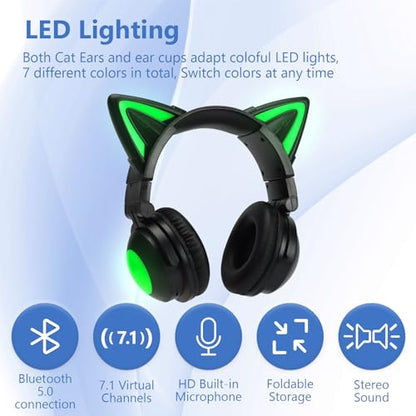 Cat Ear Bluetooth Headphones for Kids,Over Ear Headphones with Microphone | LED Foldable Wired & Wireless Gaming Headset,Cute Headphones for Kids for School,Compatible with Phone/PC/Tablet/TV,Black - color: Black