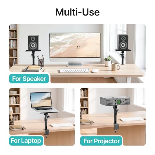 Clamp-on Speaker Stand Pair Heavy-Duty Desktop Speaker Mount Black | Height, Tilt & Swivel Adjustable, Clamp-on Desktop Installation, Universal Fit, For Home, Office & Studio Bookshelf Speakers