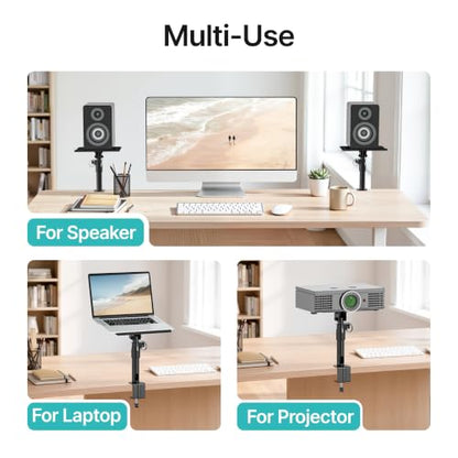Clamp-on Speaker Stand Pair Heavy-Duty Desktop Speaker Mount Black | Height, Tilt & Swivel Adjustable, Clamp-on Desktop Installation, Universal Fit, For Home, Office & Studio Bookshelf Speakers