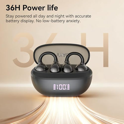 Open Ear Clip on Earbuds Bluetooth Headphones Wireless Ear Buds | Bluetooth 5.4 LED Digital Display IPX5 Waterproof HiFi Stereo 36H Playtime Comfortable Lightweight - color: Black