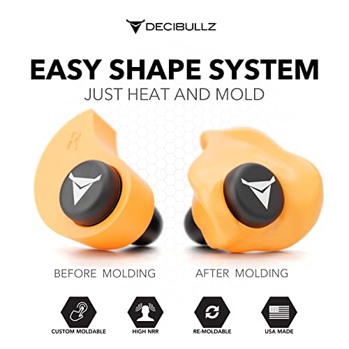 Decibullz Custom Molded Ear Plugs 31dB NRR Shooting Ear Protection (Orange) | Reusable & Re-moldable, For Range Officers, Jobsite Crews & Musicians, Travel & Concert Use, Earplugs, American Company - color: Orange