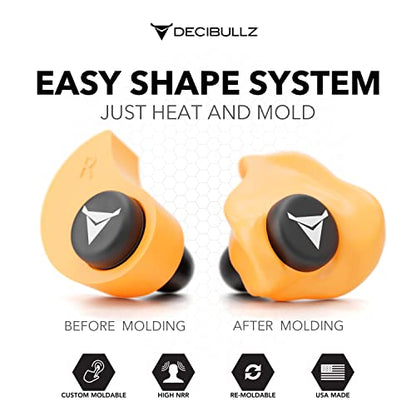 Decibullz Custom Molded Ear Plugs 31dB NRR Shooting Ear Protection (Orange) | Reusable & Re-moldable, For Range Officers, Jobsite Crews & Musicians, Travel & Concert Use, Earplugs, American Company - color: Orange