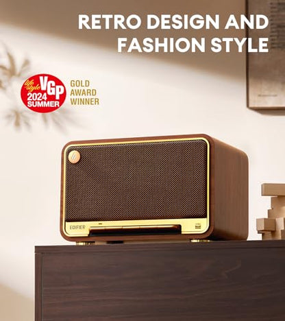 Edifier D32 Retro Wooden Tabletop Wireless Speaker AirPlay2, Brown | 60W RMS, Dual Hi-Res, Bluetooth5.3, Hi-Res Audio, ALAC, LDAC, 11H Battery, DSP Crossover, MDF Retro Cabinet, USB-C, AUX Input - color: Brown