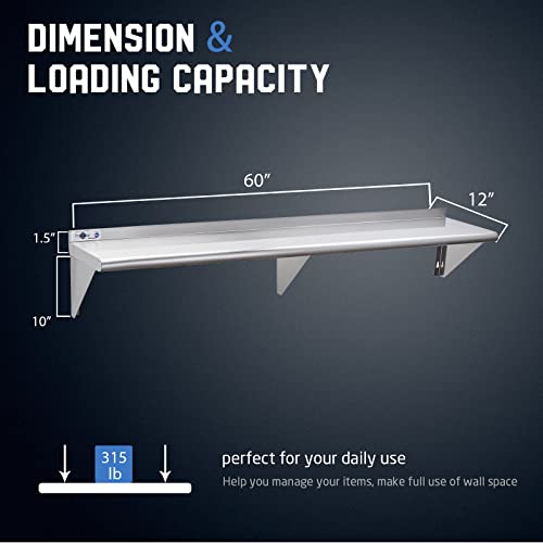 Profeeshaw NSF Stainless Steel Shelf 12''x60'', Commercial Wall Shelving | 315 lb, Wall Mounted Metal Shelves, with Backsplash and 3 Brackets, for Restaurant, Bar, Utility Room, Kitchen and Garage - size: 12"x60"