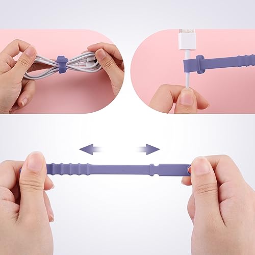 NQEUEPN 20pcs Reusable Purple Silicone Releasable Zip Ties, Cord Organizer Straps, Elastic Cord Management Cable Ties for Headphones, Charging Wire, Home Office Table Organization