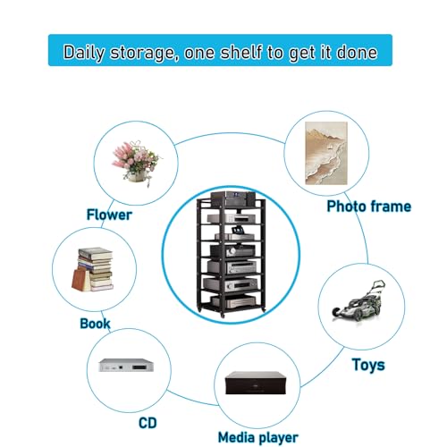 7 Tier Audio Rack Tower, CD Record Player Stereo Receiver AV Equipment Cabinet Display Rack, Weight Capacity 661 lbs, with Adjustable Wooden Shelves for Home (7 Tier Black) - size: 7 Tier Black