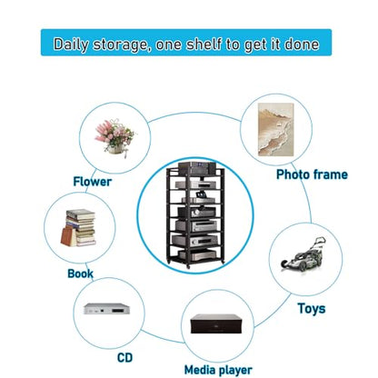 7 Tier Audio Rack Tower, CD Record Player Stereo Receiver AV Equipment Cabinet Display Rack, Weight Capacity 661 lbs, with Adjustable Wooden Shelves for Home (7 Tier Black) - size: 7 Tier Black