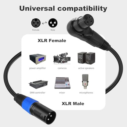 Right Angle XLR Cable 1FT, 2Pack, Black, Straight Male to 90 Degree Female Microphone Cable Cord, 3Pin XLR Adapter for Sound Devices Mixer Recorder - size: 1FT, style: R/A FM to ST Male