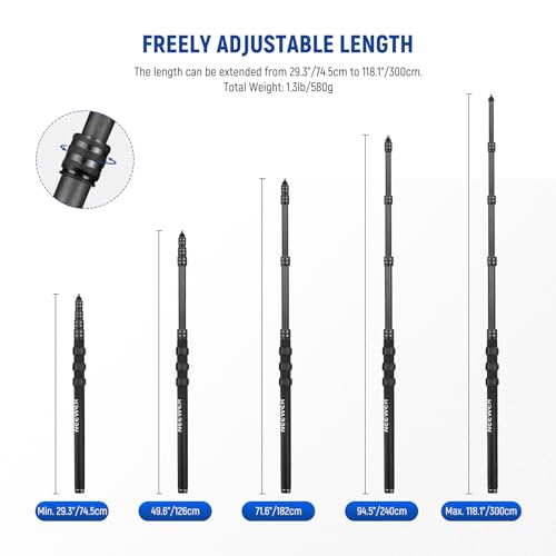 NEEWER Upgraded Microphone Boom Pole, 9.8ft/300cm, MS-300CB (Black) | Telescopic Carbon Fiber Mic Boom Arm, 5 Sections, 1/4" 3/8" 5/8" Screw Adapters, Cable Straps, Shoulder Strap, Storage Bag - style: MS-300CB