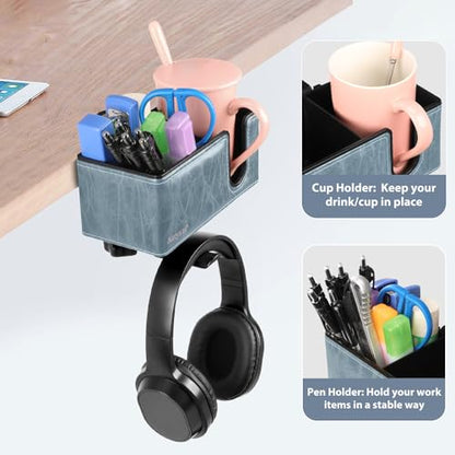 Under Desk Cup Holder Clamp on Cup Holder PU Leather Clip on Desk Organizer | Desk organizer with pencil holder clamp on side, under desk hanging organizer, clip on cup holder desk phone stand holder PU - color: Sky Blue