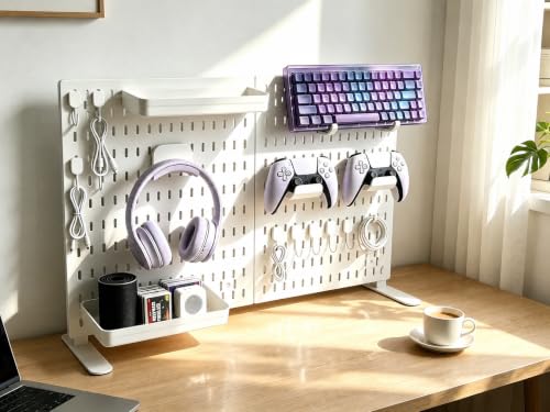 Gaming Desk Organizer, No-Drill Freestanding Desk Pegboard with Headphone Stand, Controller Holder, Keyboard Stand & Shelves, 5-in-1 Gaming Setup Accessories for Dorm Room & Home Office, White