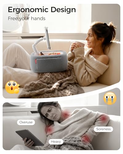 LULULOOK Tablet Pillow Stand, Compatible with iPad, iPhone and 4.7-14.6”Tablet, 360° Adjustable Kindle Pillow Stand for Bed with Ultra Fluffy Fabric & Snack Bowl (Fluffy Gray) - color: Fluffy Gray