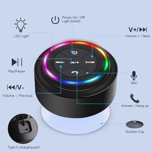 PEDVSTY Shower Speaker Bluetooth Waterproof, Mini Speaker with LED Lights | Wireless Speaker with Suction Cup, Floating, Crystal Sound, for Bathroom Travel Beach Pool, Ideal Electronic Gifts