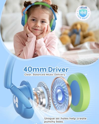 awatrue Kids Bluetooth Headphones, 85dB Volume Limiter, Blue Green HK02 | Foldable Wireless, Bluetooth 5.4, 75H Playtime, Built-in Mic, for iPad & Travel - color: Blue-Green