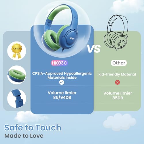 Acer USB‑C Kids Headphones for School, 85‑94dB Limiter, w/Mic HK03C | Foldable Wired Over Ear Headphones, for Toddler School/Travel/iPad/Tablet, Blue‑Green - color: USB-C Green Blue
