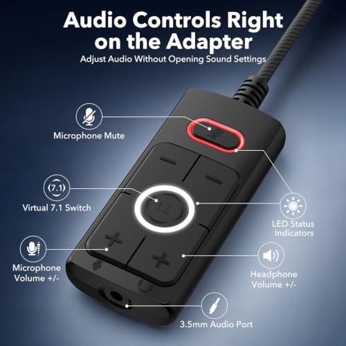 1Mii S03 External USB Sound Card, 7.1 Surround USB 3.5mm Jack Audio Adapter | for PC to Headphones, Plug & Play, Volume Control and Mic Mute for Gaming, USB to AUX for Headset, Computer, PS4, PS5, 6FT