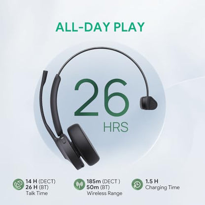 Yealink WH64 DECT & Bluetooth Mono UC Zoom Wireless Headset, 606 ft Range Single Ear with 3X Noise Cancelling Mic for Desk Phone, PC, Cellphone (Renewed) (Renewed)