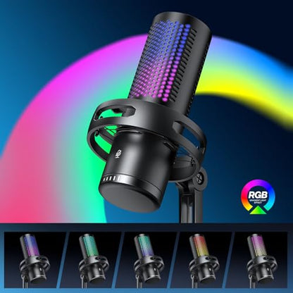 Gaming USB Microphone, RGB PC Mic with One Touch Mute, Volume Dial, Noise Reduction Pop Filter for Streaming, Podcast, Laptop, Phone, Tablet