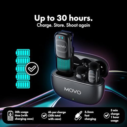Movo NanoMic 카메라용 무선 라발리에 마이크 - DSLR, 캠코더 및 미러리스 카메라용 클립온 TRS 무선 마이크 시스템 - 비디오, 인터뷰용 충전 케이스가 있는 듀얼 마이크