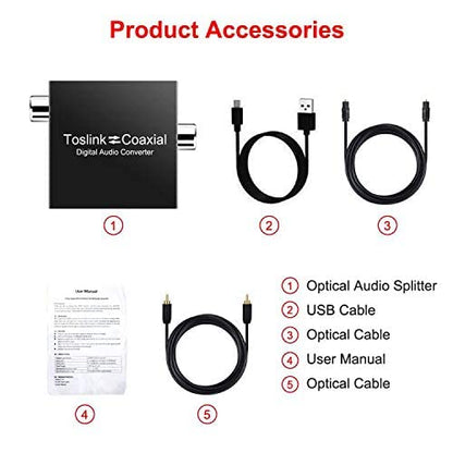 Optical to Coaxial or Coax to Optical Digital Audio Converter Adapter, Bi-Directional Digital Coaxial to/from SPDIF Optical (Toslink) Audio Signal Converter/Repeater