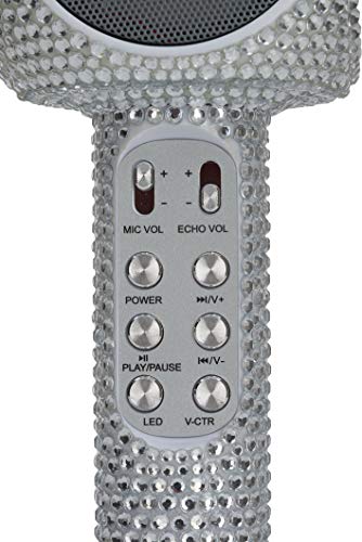 Sing-Along Bling Bluetooth Karaoke Microphone with LED for Karaoke Speaker | Rechargeable Bedazzled Microphone, Wireless Karaoke Microphone with LED Lights, SD Card Slot, Skip Tracks - Confetti Bling - color: Silver Bling