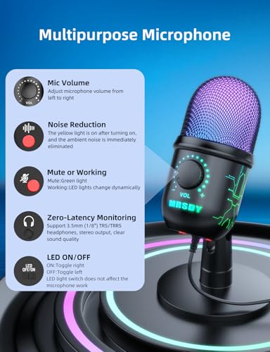 MRSDY USB Gaming Microphone for PC with Noise Reduction, Mute, Gain, RGB