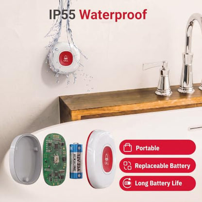 CallToU Wireless Caregiver Pager Call Button for Elderly at Home Nurse Alert System 500+ Feet for Seniors/Elderly/Patient/Disabled 1 Plugin Receiver 1 Waterproof SOS Button - color: white 1+1