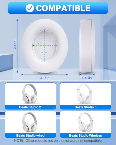 FEYCH Replacement Ear Pads for Beats Studio 3 & Studio 2 Wireless/Wired, Extra Thick Earpads with Pro-Grade Protein Leather and Noise Isolation Memory Foam, Fits Model B0500/B0501/A1914 (White) - color: White