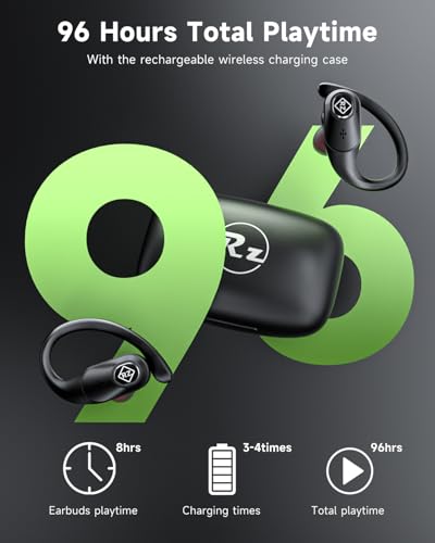 Wireless Earbuds Bluetooth Headphones 96H Playtime LED Display Waterproof | Built in Mic Deep Bass Sound Secure Over Ear buds Earhooks for iPhone Android Samsung CellPhones Sport Workout Gaming Running