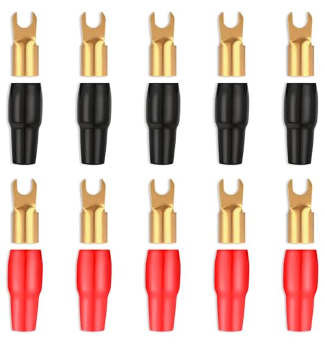 10Pcs 4 Gauge Wire Connectors, 4-Gauge Spade Terminals for Speaker Wire | Insulated Fork Connectors for Car Audio & Home Theater, Red & Black