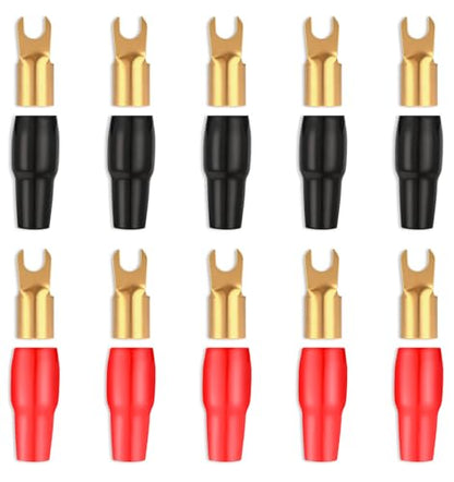 10Pcs 4 Gauge Wire Connectors, 4-Gauge Spade Terminals for Speaker Wire | Insulated Fork Connectors for Car Audio & Home Theater, Red & Black