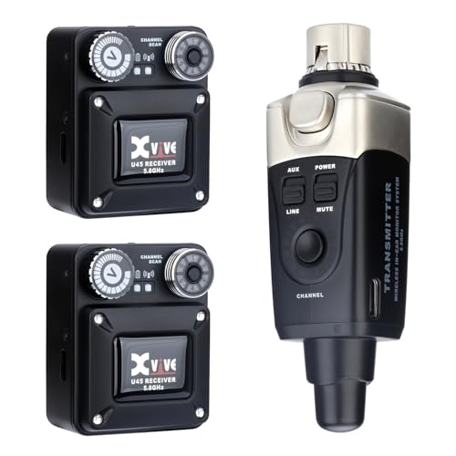 Xvive U45R2 Wireless in Ear Monitor System 5.8ghz IEM System, 1 Transmitter and 2 Bodypack Receiver, Black - color: U45R2 BLACK