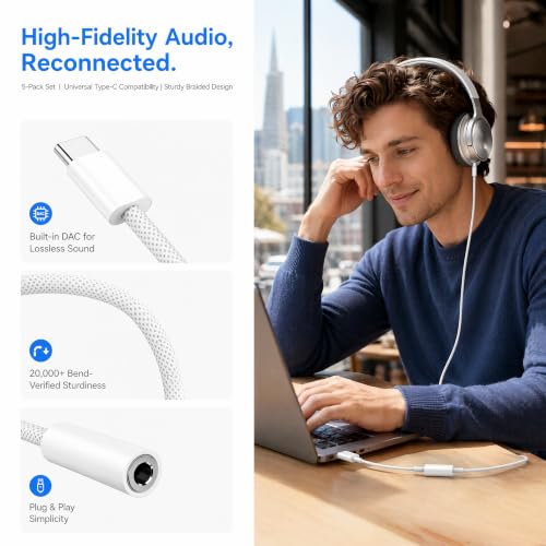 5 Pack USB C to Headphone Jack Adapter,USB c to 1/8 inch Audio Adapter Compatible with iPhone 17 16 15 Samsung Galaxy S25,S24,S23 Ultra, Note 20, iPad Pro, MacBook, Pixel XL and More