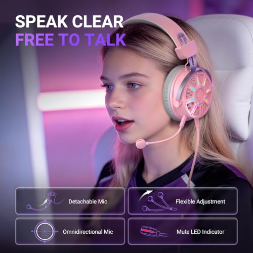 FIFINE USB Gaming Headset with Open Back Design, 7.1 Virtual Surround Sound, 53mm Dynamic Drivers, RGB Headphone with Handy Control Box, Detachable Boom Mic for PC, PS5, PS4, Laptop, Mac - H19P - color: Pink