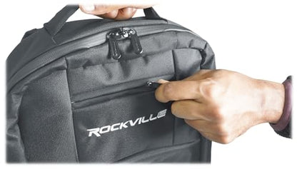 Rockville DJBP24 Rugged DJ Compact Backpack, 11 Compartments, 17" Laptop | Fits 2 Laptops, YKK Zippers, Waterproof Zipper Track, Padded Interior, Rubber Feet, Trolley Sleeve, Opens Flat, Mesh Straps