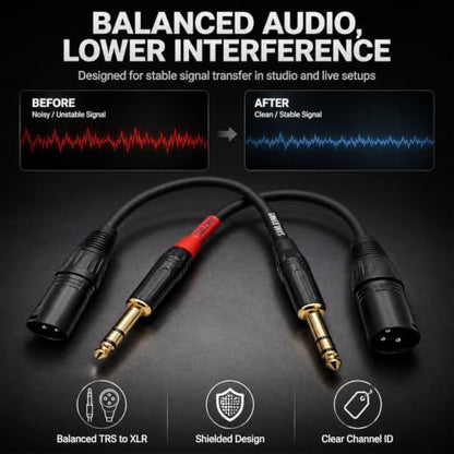 Sam&Johnny 1/4 to XLR Cable 6 Inch 2-Pack, Balanced Patch Cable TRS Male to XLR Male for Studio Monitor, Mixer & Amplifier – 24K Gold Plated, OFC Recording & Live Sound