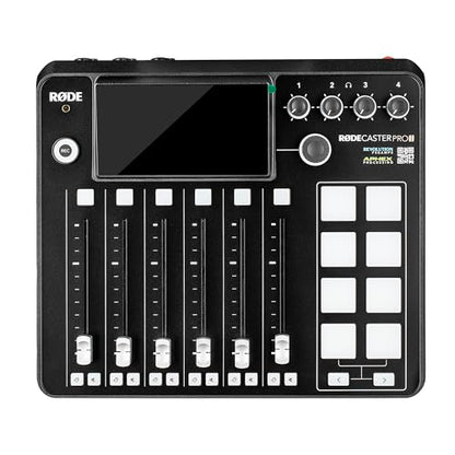 RODE RODECaster Pro II + 2x Headphones + 2x Podcast Microphone + 64GB Micro SD Memory Card + Mic Arm Stand + 10 Foot XLR + USB-C + 1/4 TRS + More (Bundle)