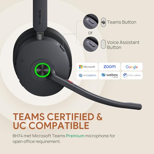 Yealink BH74 with Stand ANC Wireless Headset with Microphone for PC, Bluetooth Headset Noise Cancelling with 6 AI Mic, 32H Talk Time & Mute Button, Microsoft Teams Premium Open Office Certified UC - color: Black (UC), style: BH74 + stand