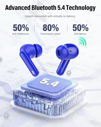 Wireless Earbuds, Bluetooth 5.4 Headphones Bass Stereo/Clear Calls, Blue | Ear Buds with Noise Cancelling Mic LED Display in Ear Earphones IP7 Waterproof 36H Bluetooth Earbuds for Phones/Sport/Laptop - color: Blue