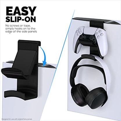 PS5 Game Controller & Headphone Hanger Console Mount for PlayStation PS5 DualSense Gamepad, Hook-On Hanger Bracket - Black