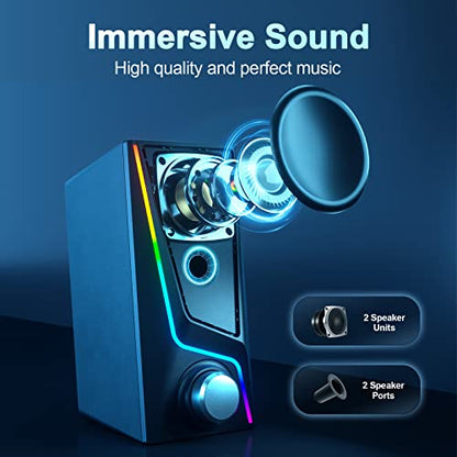 Nylavee Computer Speakers for Desktop, PC Speakers with 6 Lighting Modes | USB Powered with 3.5mm AUX, Dual Speaker Units and 2 Bass-Boost Ports for PCs, Laptops and Monitors