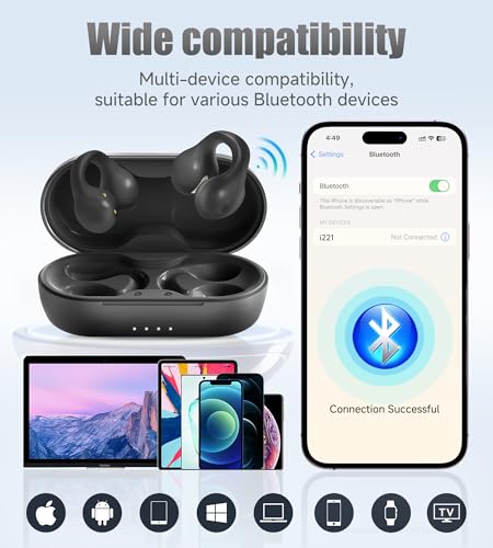 King Lucky i21 Open Ear Clip On Earbuds Wireless Bluetooth Ear Clip Headphones with Mic,Noise Cancelling, Waterproof IPX4,for Small Ears,Perfect for Running,Sports,Glasses Wearers (Black) - color: Black